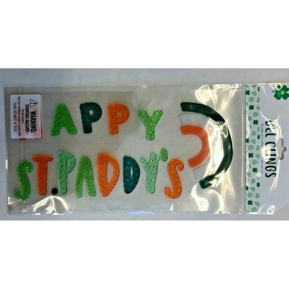NEW HAPPY ST PADDY'S Day Irish color Rainbow Window Gel Clings 18 ct Decorations